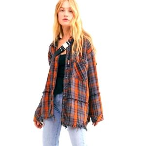 Free People Calico Basin Flannel Red Black Plaid Buttondown Shacket Jacket L